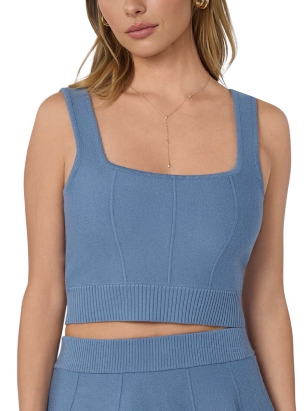 ASTR The Label Shaylla Square Neck Tank Crop Top Slate Blue S Small